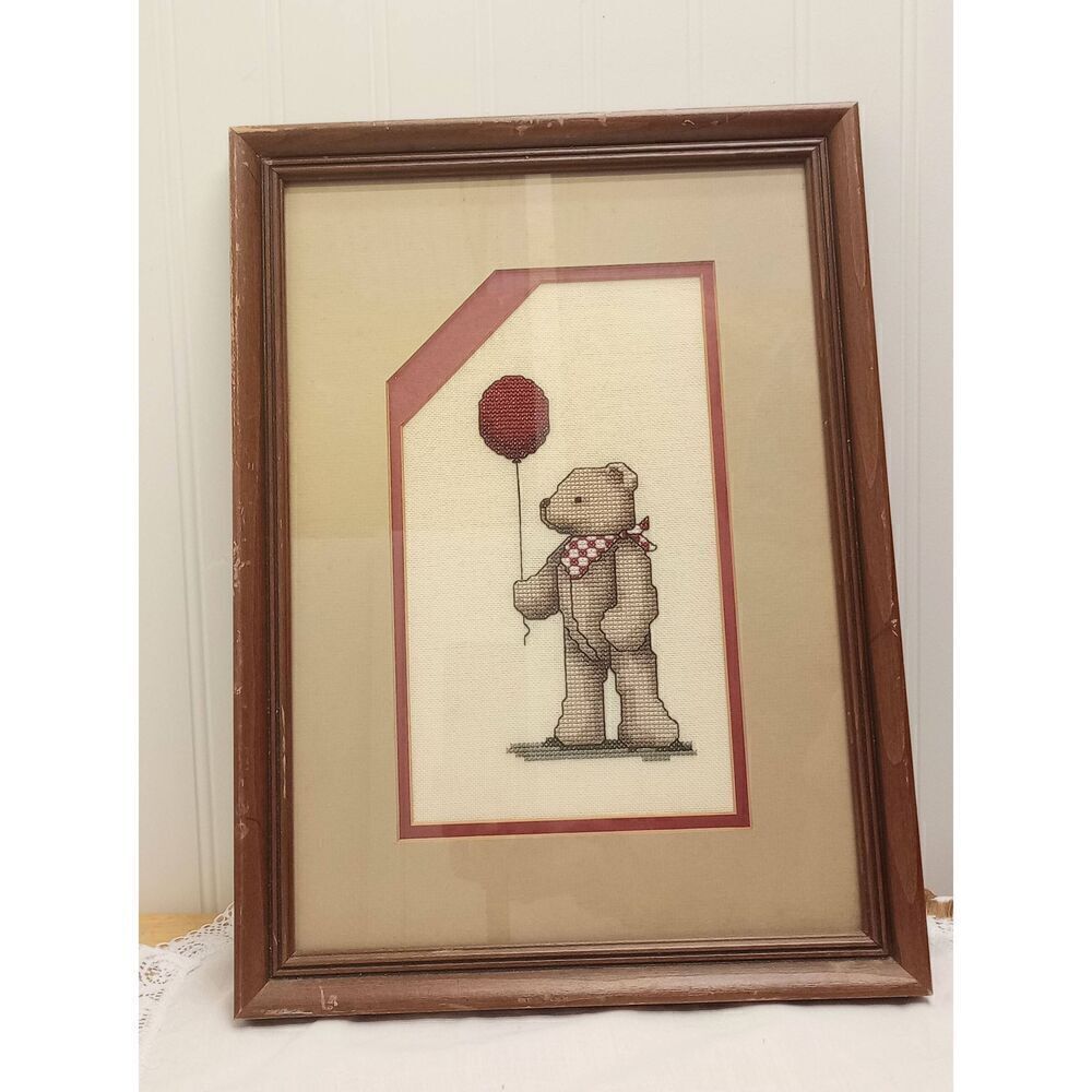 Vintage cross stitch, bear, balloons, framed